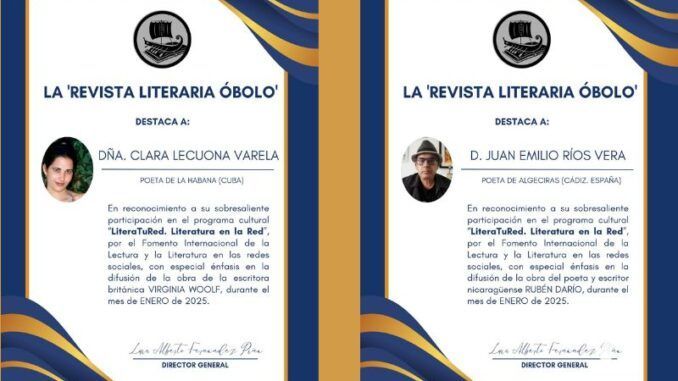 Destacado reconocimiento a la poeta cubana Clara Lecuona Varela en la Revista Literaria Óbolo