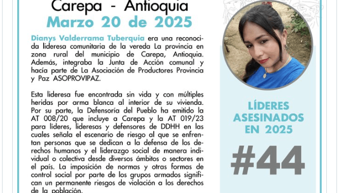 44 asesinatos en lo que va de 2025 en Colombia